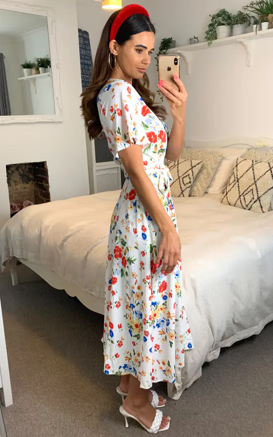Floral Wrap Midi Dress In White - Image 3