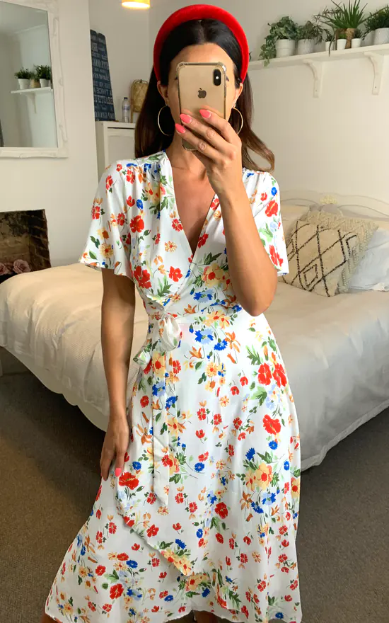 Floral Wrap Midi Dress In White - Image 4