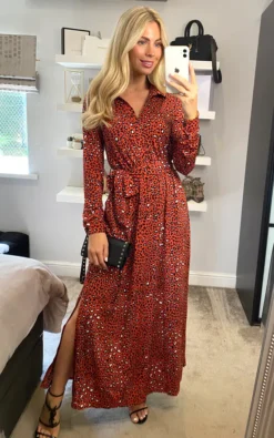 Jolie Moi Dora Floral Maxi Shirt Dress, Red Animal