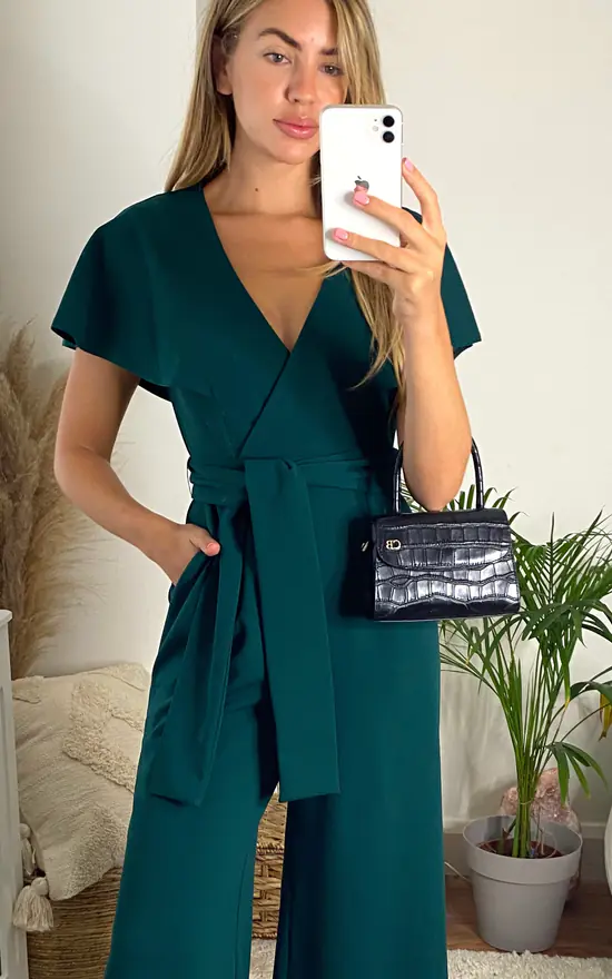 Chloe Cape Sleeve Wide Leg Jumpsuit With Tie - Image 4