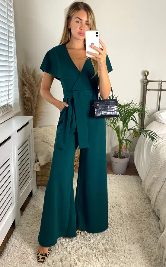Chloe Cape Sleeve Wide Leg Jumpsuit With Tie