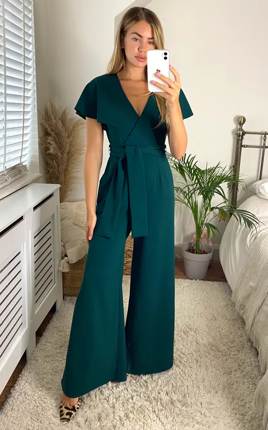 Chloe Cape Sleeve Wide Leg Jumpsuit With Tie - Image 2