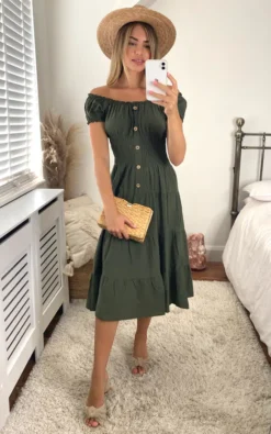 Khaki Bardot Midi Dress