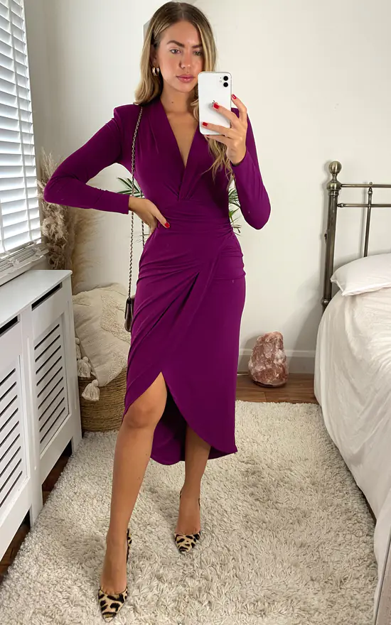 Midi Wrap Style Long Sleeves Dress In Fuchsia Colour - Image 4
