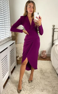 Midi Wrap Style Long Sleeves Dress In Fuchsia Colour