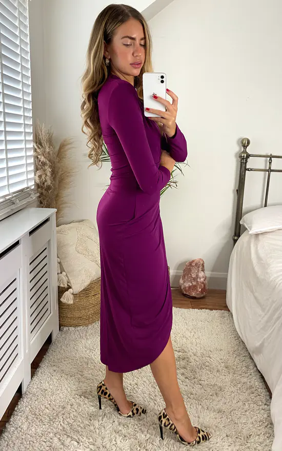 Midi Wrap Style Long Sleeves Dress In Fuchsia Colour - Image 3