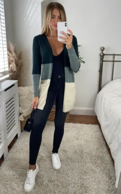 ONLY Open Front Cardigan In Green Colourblock