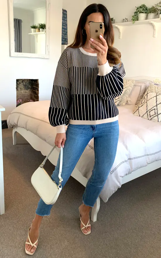 Stripe Ribbed Knit Jumper With Bell Sleeves In Black And Beige - Image 2