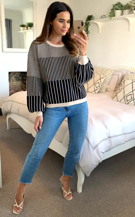 Stripe Ribbed Knit Jumper With Bell Sleeves In Black And Beige