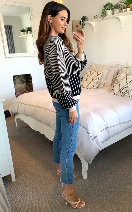 Stripe Ribbed Knit Jumper With Bell Sleeves In Black And Beige - Image 3