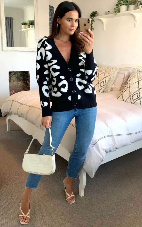 Black And White Leopard Button Down Ribbed Knit V Neck Cardigan