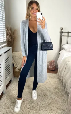 Noisy May Longline Open Front Cardigan In Light Grey