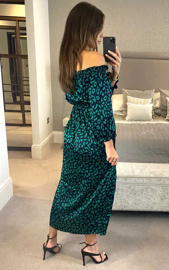Bardot Green Leopard Print Wrap Dress With Front Slit In Navy - Image 4