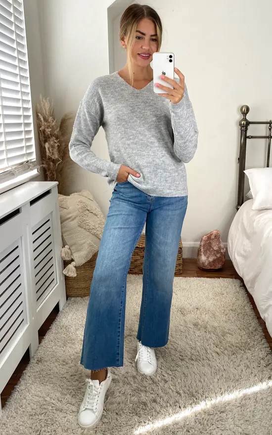 ONLY V Neck Pull Over Jumper In Light Grey - Image 2