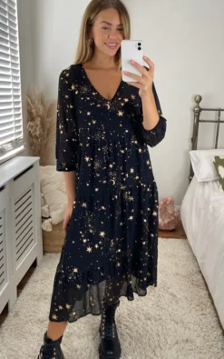 Black/Gold Star & Moon Flowy Maxi