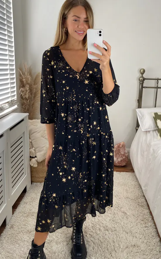 Black/Gold Star & Moon Flowy Maxi