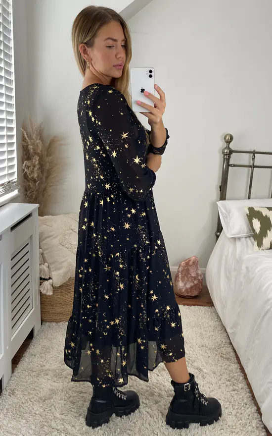 Black/Gold Star & Moon Flowy Maxi - Image 4