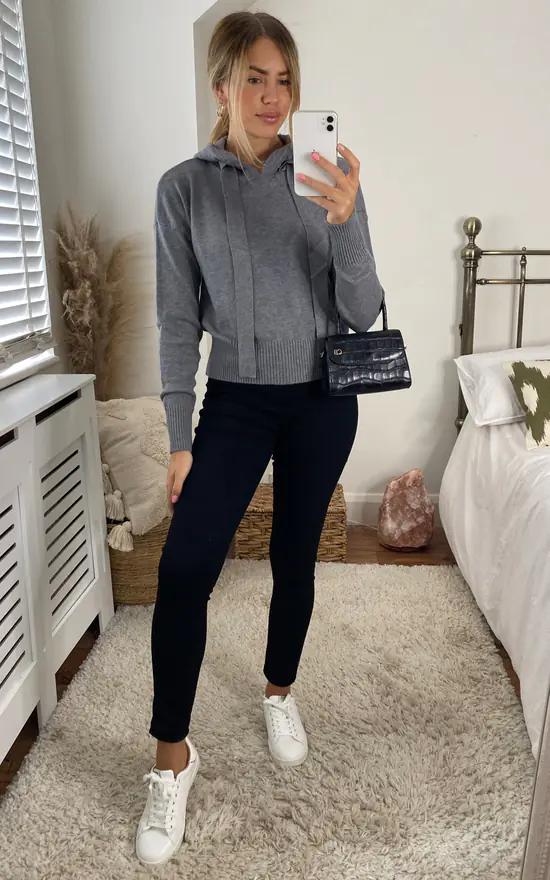 Noisy May Long Sleeve Knitted Hoodie In Grey