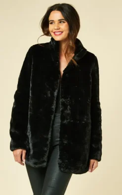Faux Fur Coat With High Neck In Black
