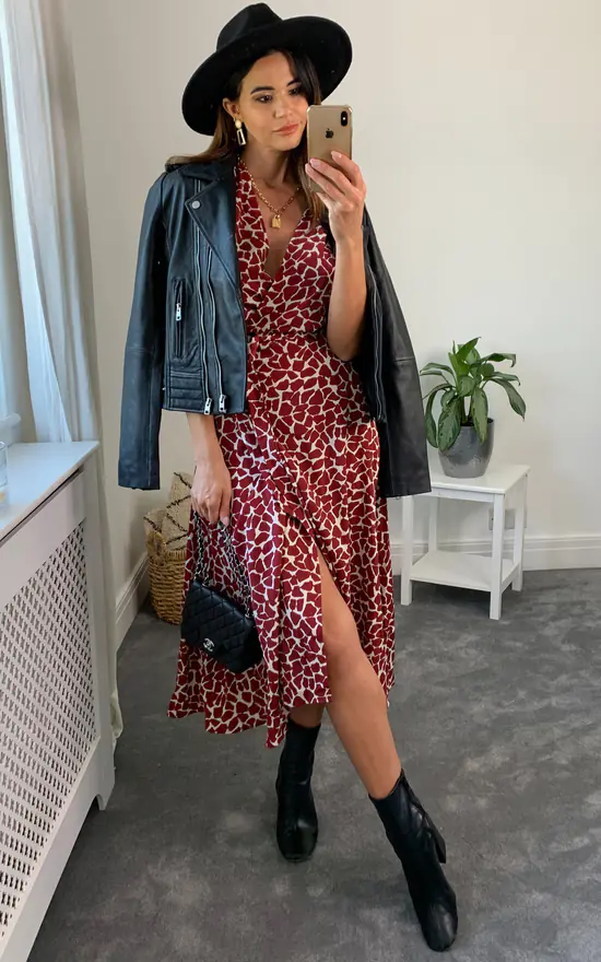 Burgundy Print V Neck Maxi Dress With Frill Detail - Image 2