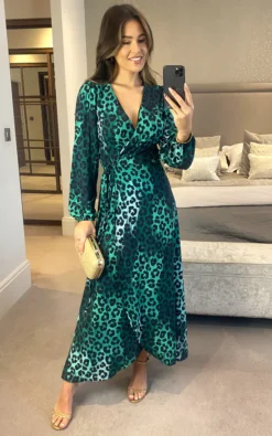 Wrap Midi Dress In Green Leopard Print