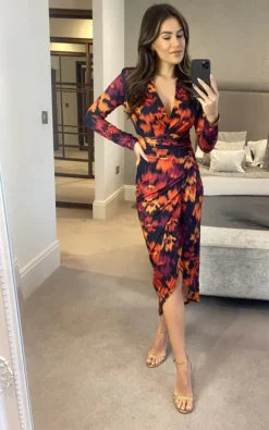 Midi Wrap Style Long Sleeves Dress In Fuchsia Floral Print