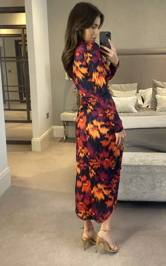 Midi Wrap Style Long Sleeves Dress In Fuchsia Floral Print - Image 3