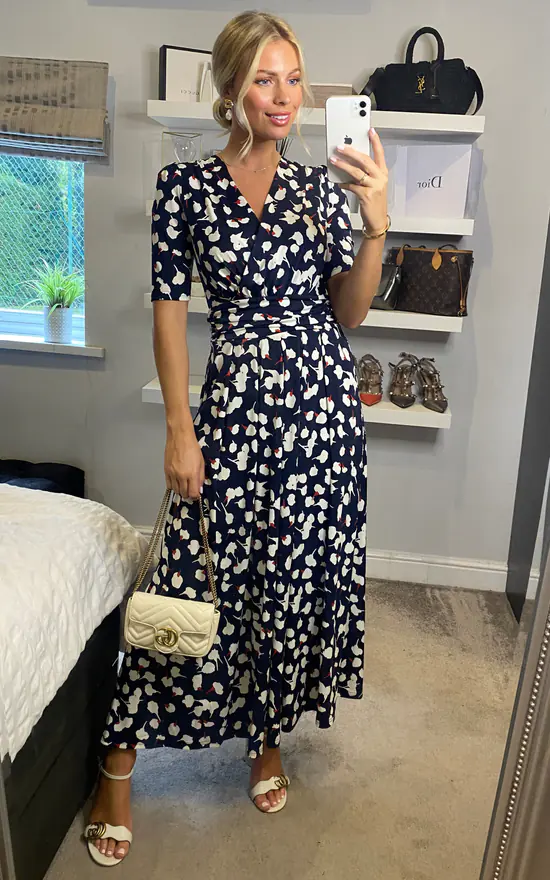 Jolie Moi Acadia Abstract Floral Print Wrap Maxi Dress, Navy/White - Image 2