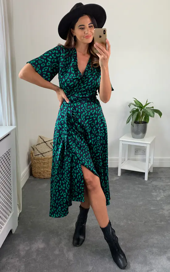Green/Navy Leopard Plunge Neck Floral Print Midi Wrap Dress - Image 3