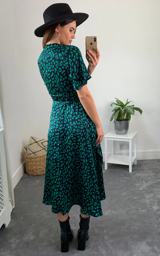 Green/Navy Leopard Plunge Neck Floral Print Midi Wrap Dress - Image 4