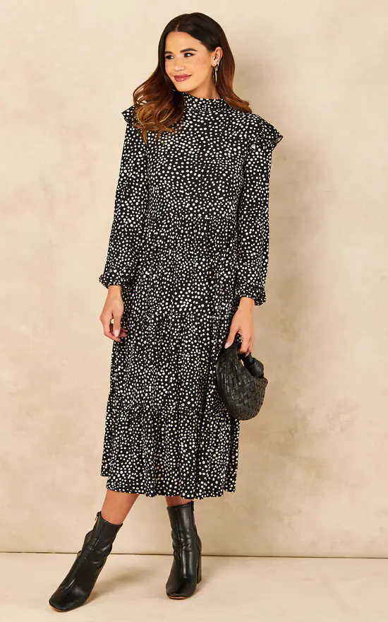 Tiered Midi Dress With Frill Shoulder Detail In Black And White Spot - Image 3