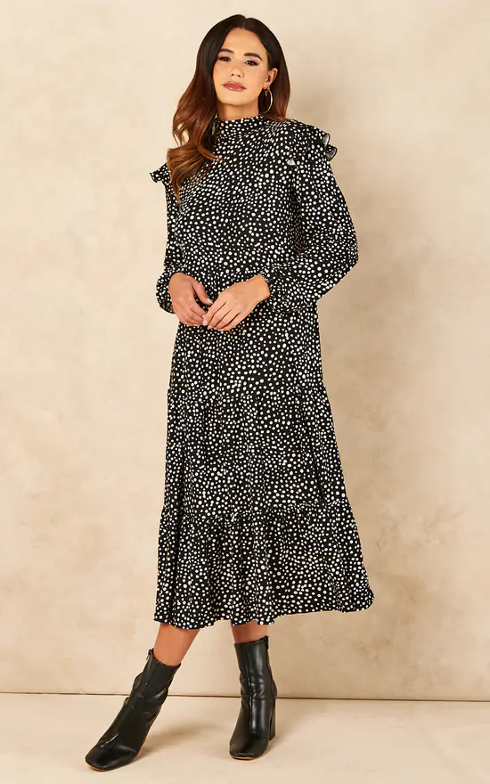Tiered Midi Dress With Frill Shoulder Detail In Black And White Spot - Image 2