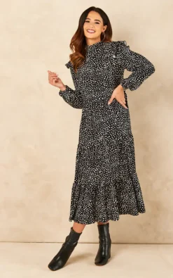 Tiered Midi Dress With Frill Shoulder Detail In Black And White Spot