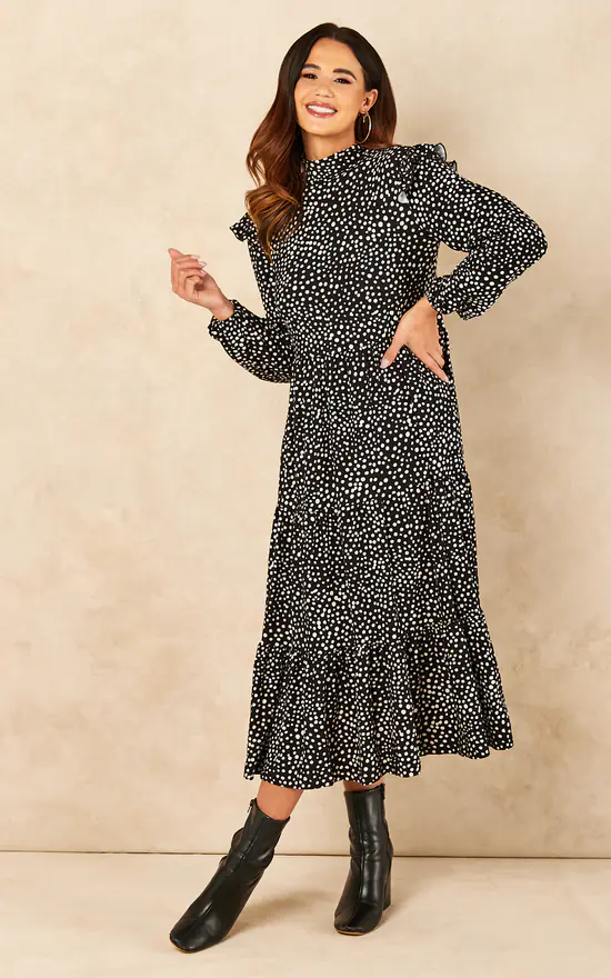 Tiered Midi Dress With Frill Shoulder Detail In Black And White Spot