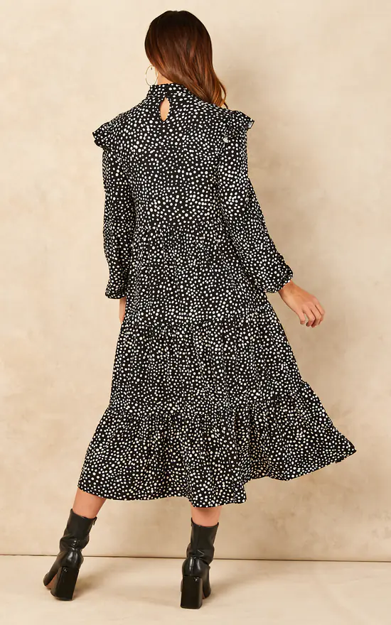 Tiered Midi Dress With Frill Shoulder Detail In Black And White Spot - Image 4