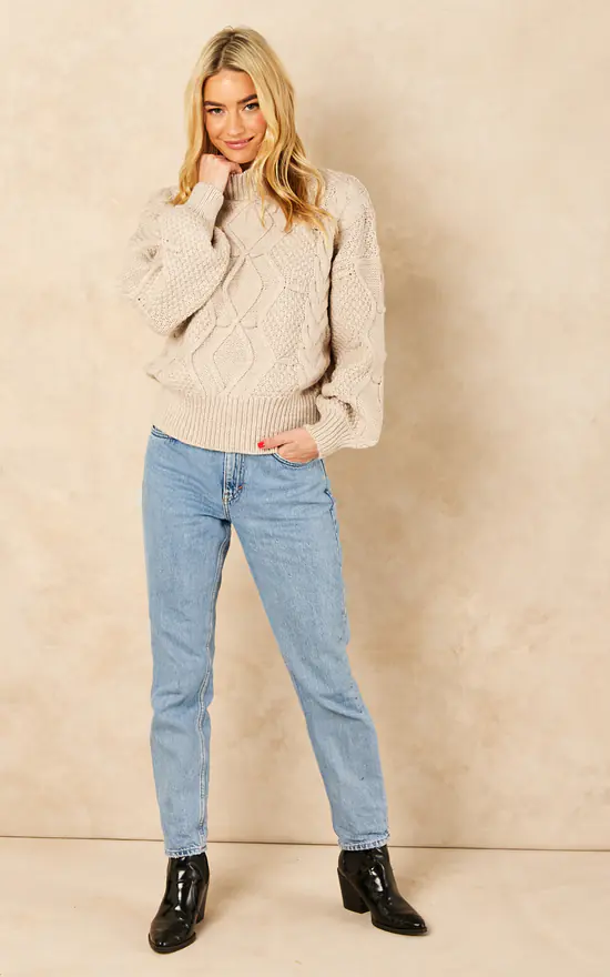 Object Cable Knit Jumper With Balloon Sleeves In Beige - Image 2