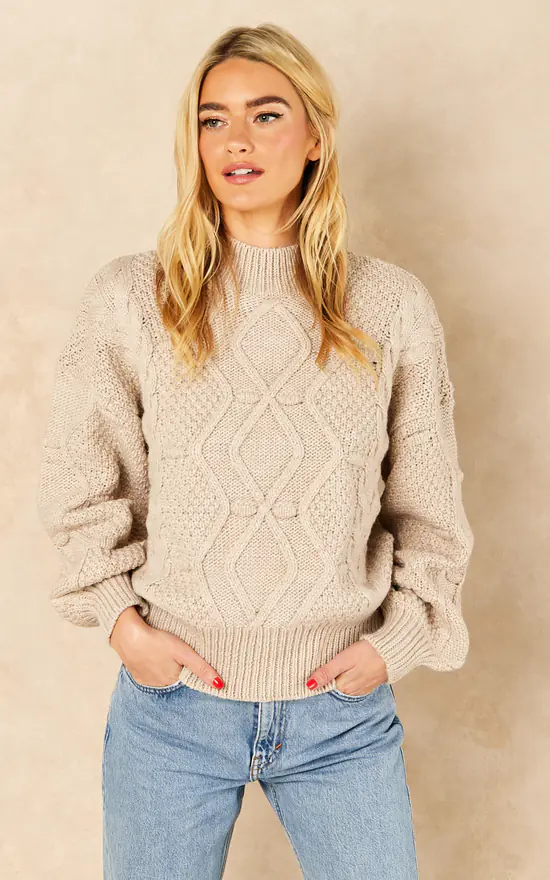 Object Cable Knit Jumper With Balloon Sleeves In Beige - Image 3