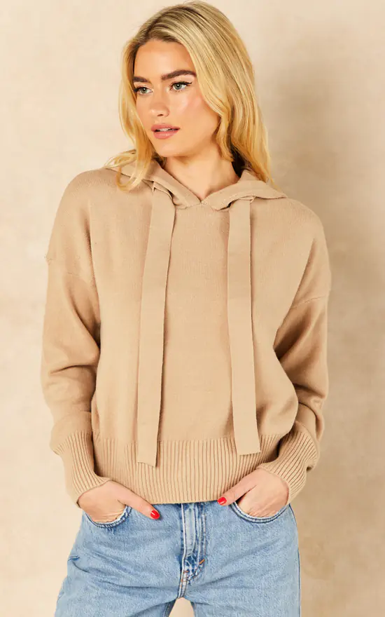 Noisy May Long Sleeve Knitted Hoodie In Beige