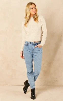 Ribbed Jumper With High Neck In Cream