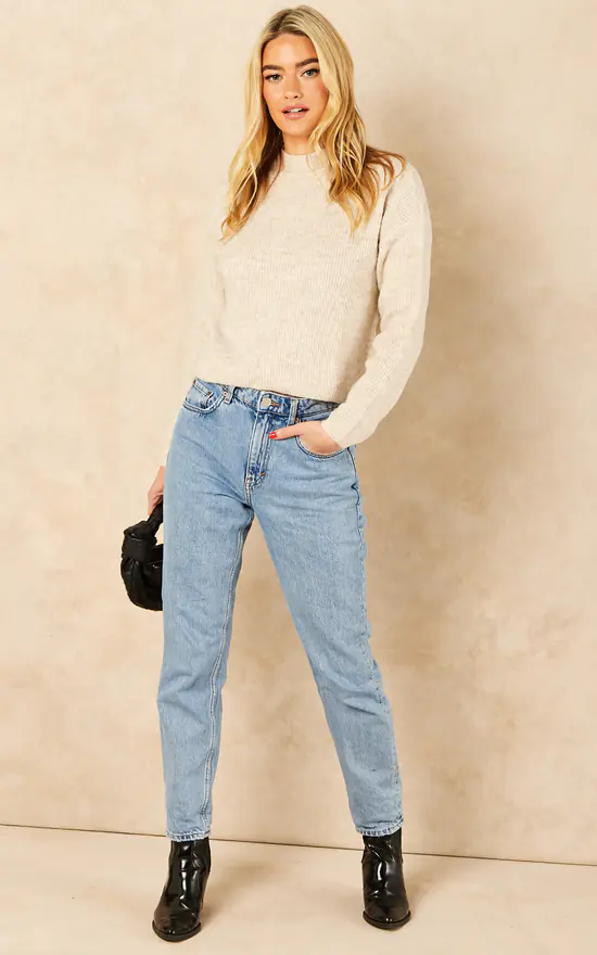 Ribbed Jumper With High Neck In Cream - Image 3