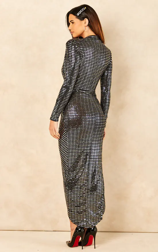 Silver Deep V Wrap Over Sequin Dress - Image 4