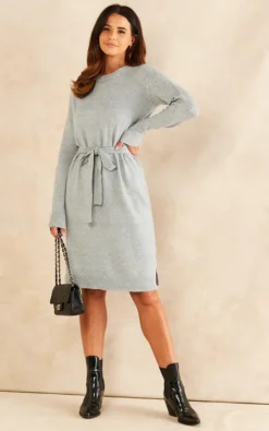 Pieces Knitted Dress With Tie Waist In Light Grey