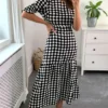 Black And White Diamond Print Round Neck Tiered Dress With 3/4 Smocked Sleeves