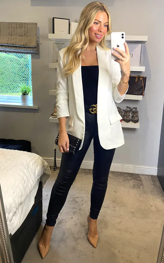 Rouched Sleeve Blazer In White