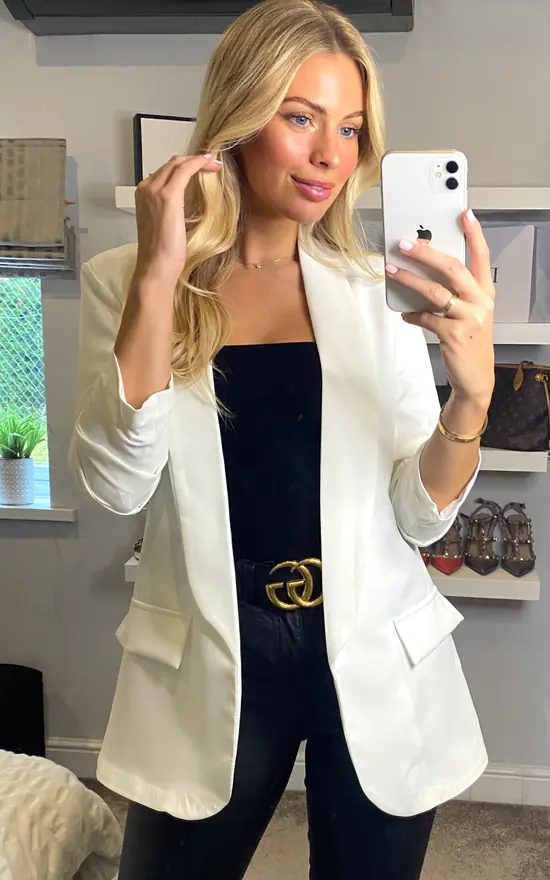 Rouched Sleeve Blazer In White - Image 2
