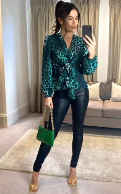 Wrap Over Long Sleeve Top/Blouse In Green Leopard Print