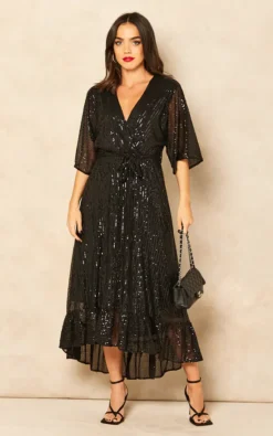 Sequin Plunge Maxi Dress In Black
