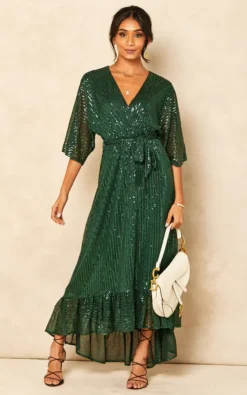 Sequin Plunge Maxi Dress In Forest Green
