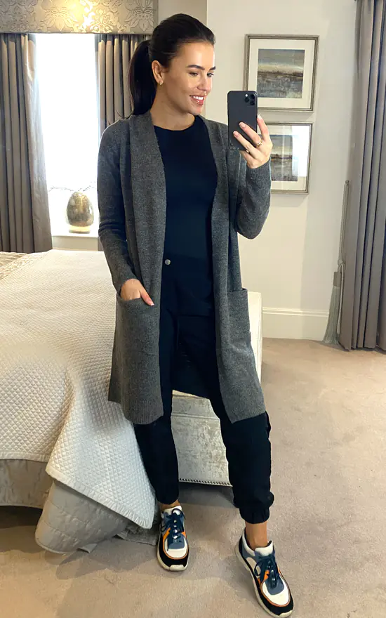 Pieces Long Sleeve Knitted Longline Cardigan In Dark Grey