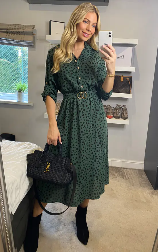 Belted Blotch Print Midi Dress In Green - Image 3